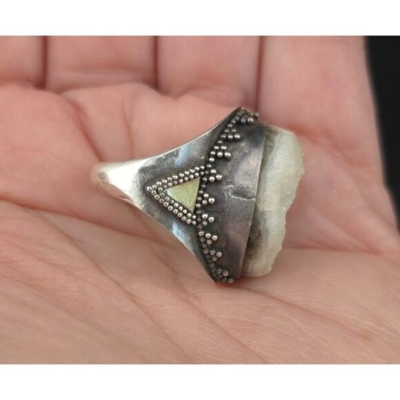 Vntg 925 Sterling Silver Statement Ring White Druzy Quartz Intricate Metalwork - Picture 5 of 13